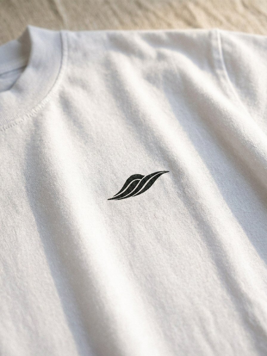 Détail BELICAM — t-shirt blanc, logo vague